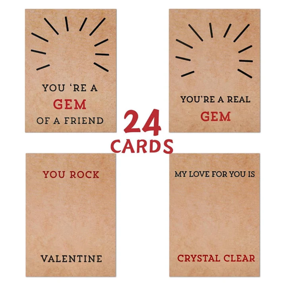 Kids Valentine's Day Cards with Heart Crystals – 24-Pack Classroom Exchange and Party Favor Set