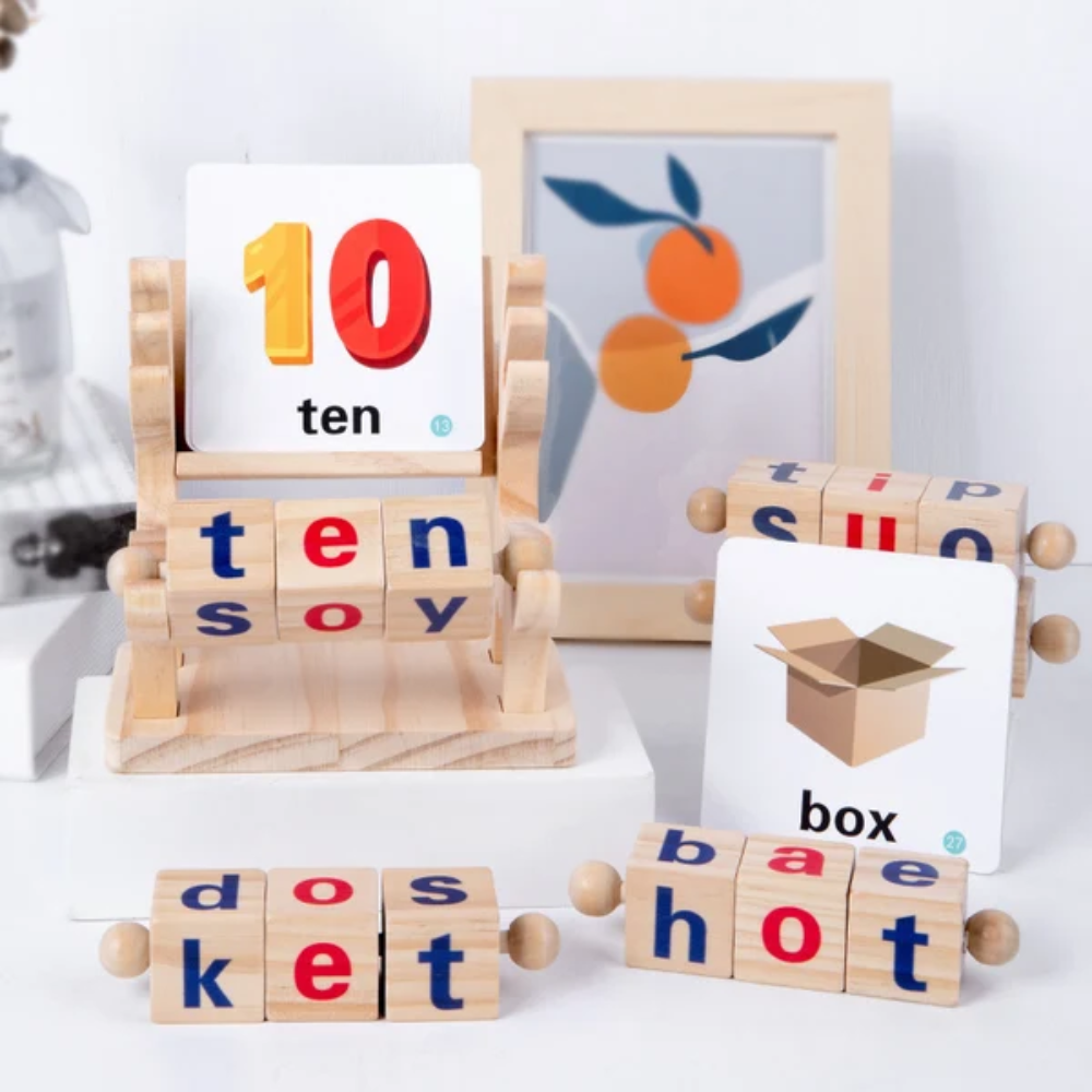 Kids Wooden Alphabet Spelling Game – ABC Letter Blocks and Word Matching Cards for Preschool Learning