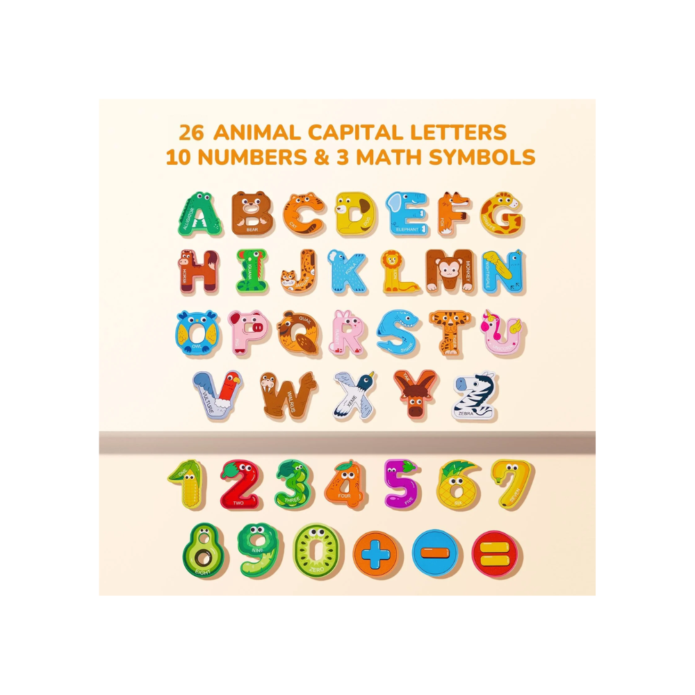 Kids Wooden Alphabet and Number Magnets – 39-Piece Animal ABC and Math Learning Set