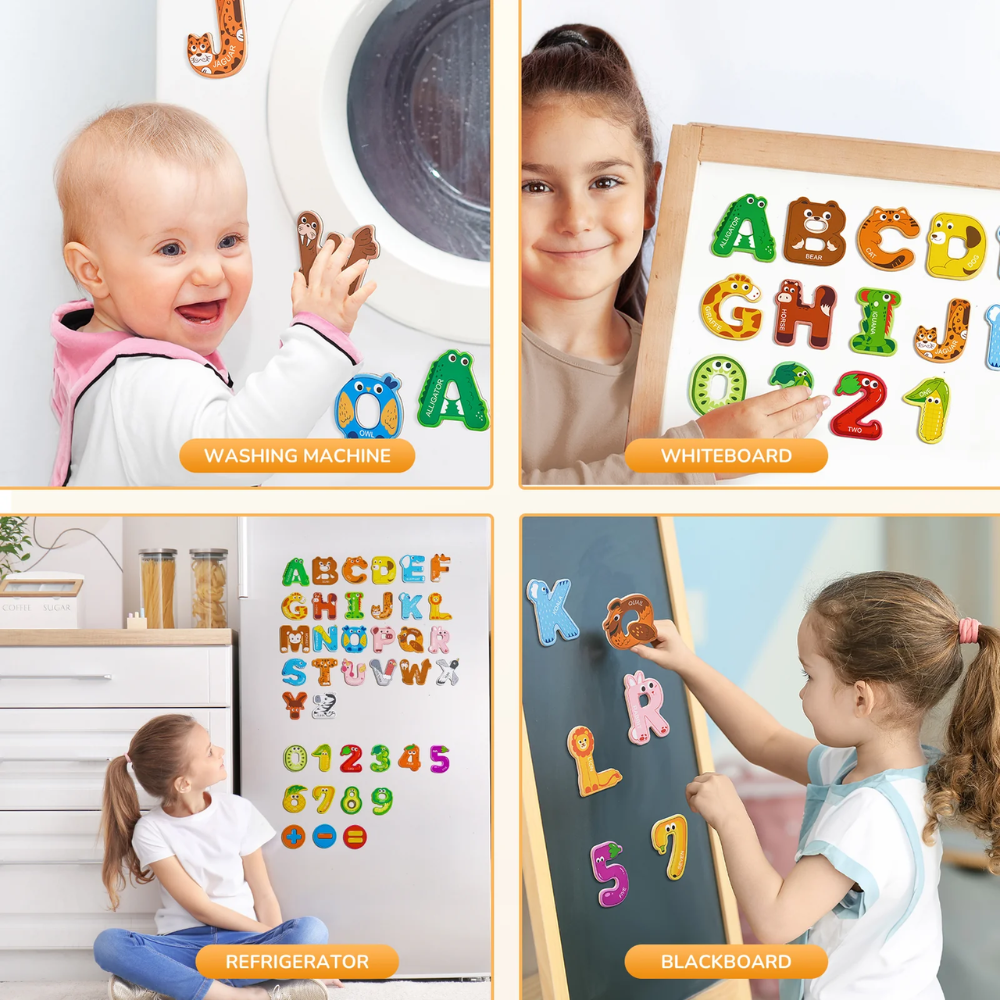 Kids Wooden Alphabet and Number Magnets – 39-Piece Animal ABC and Math Learning Set