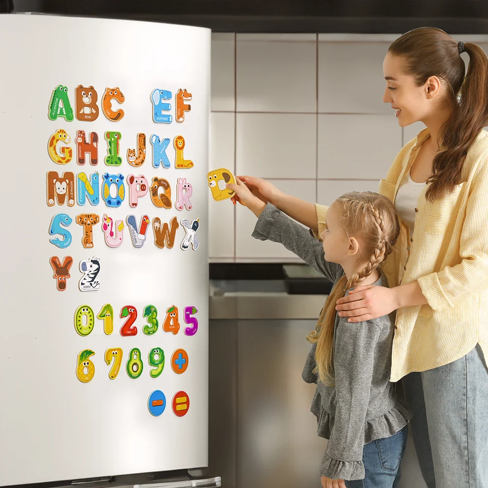 Kids Wooden Alphabet and Number Magnets – 39-Piece Animal ABC and Math Learning Set