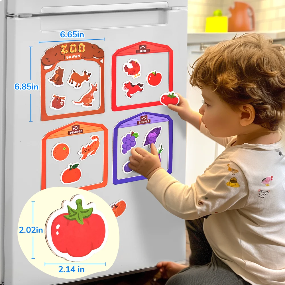 Kids Wooden Animal Fridge Magnets – 50-Piece Color Sorting and Matching Learning Set
