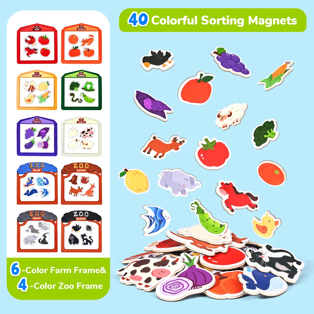 Kids Wooden Animal Fridge Magnets – 50-Piece Color Sorting and Matching Learning Set