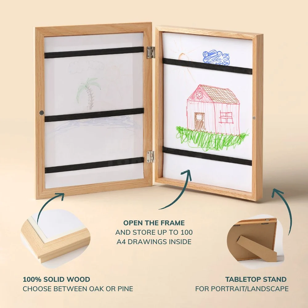 Kids Wooden Art Display Frame – A4 Picture Frame with Storage for 100 Drawings