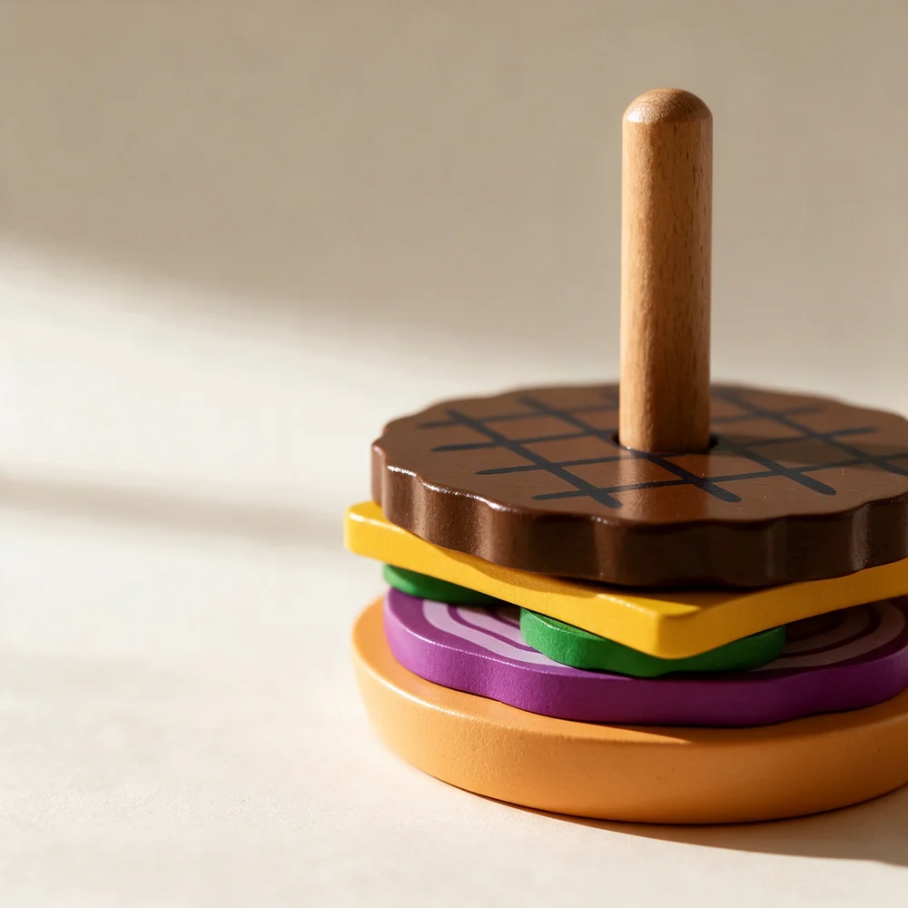 Kids Wooden Burger Stacking Toy – Montessori-Inspired Pretend Play Food and Sequencing Game
