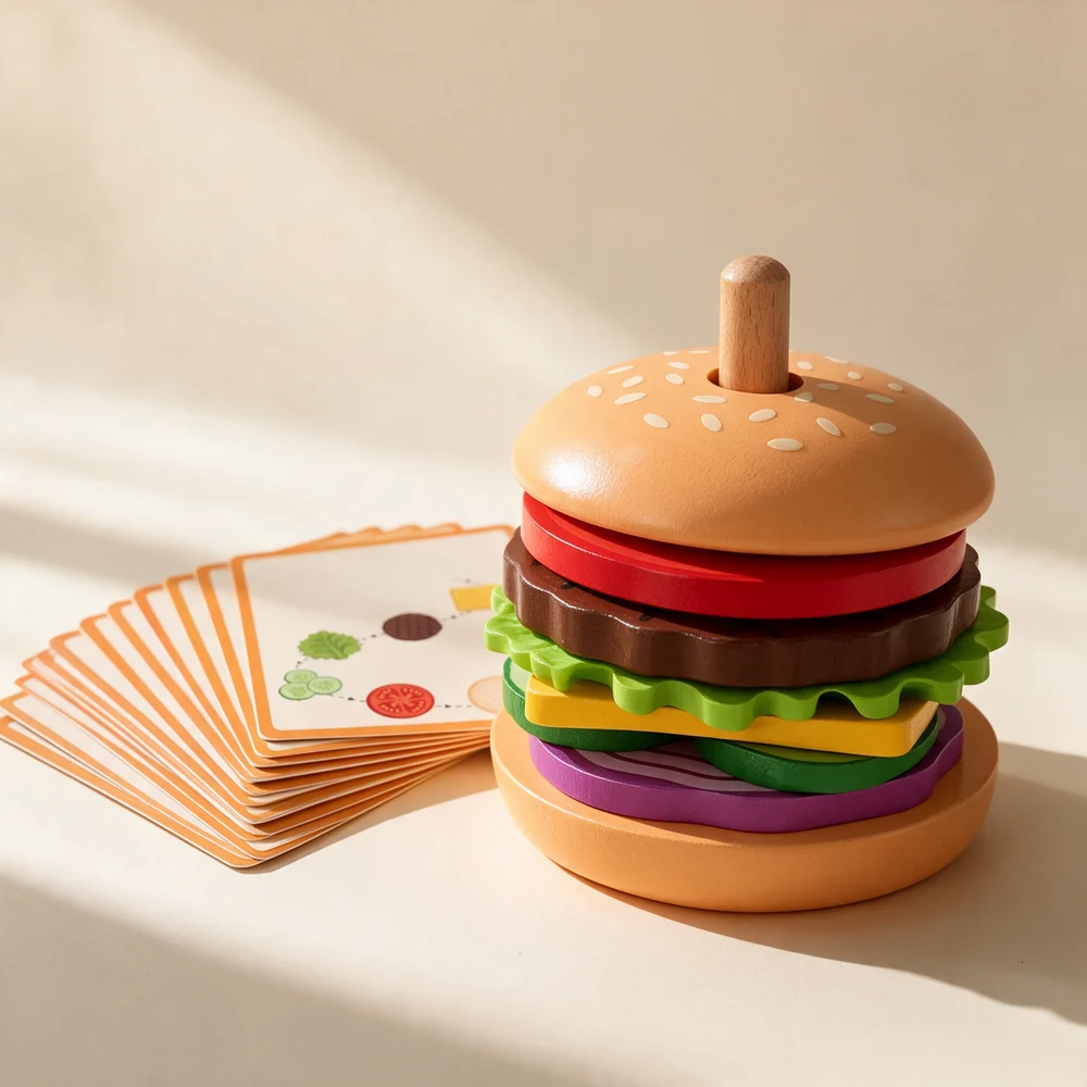 Kids Wooden Burger Stacking Toy – Montessori-Inspired Pretend Play Food and Sequencing Game