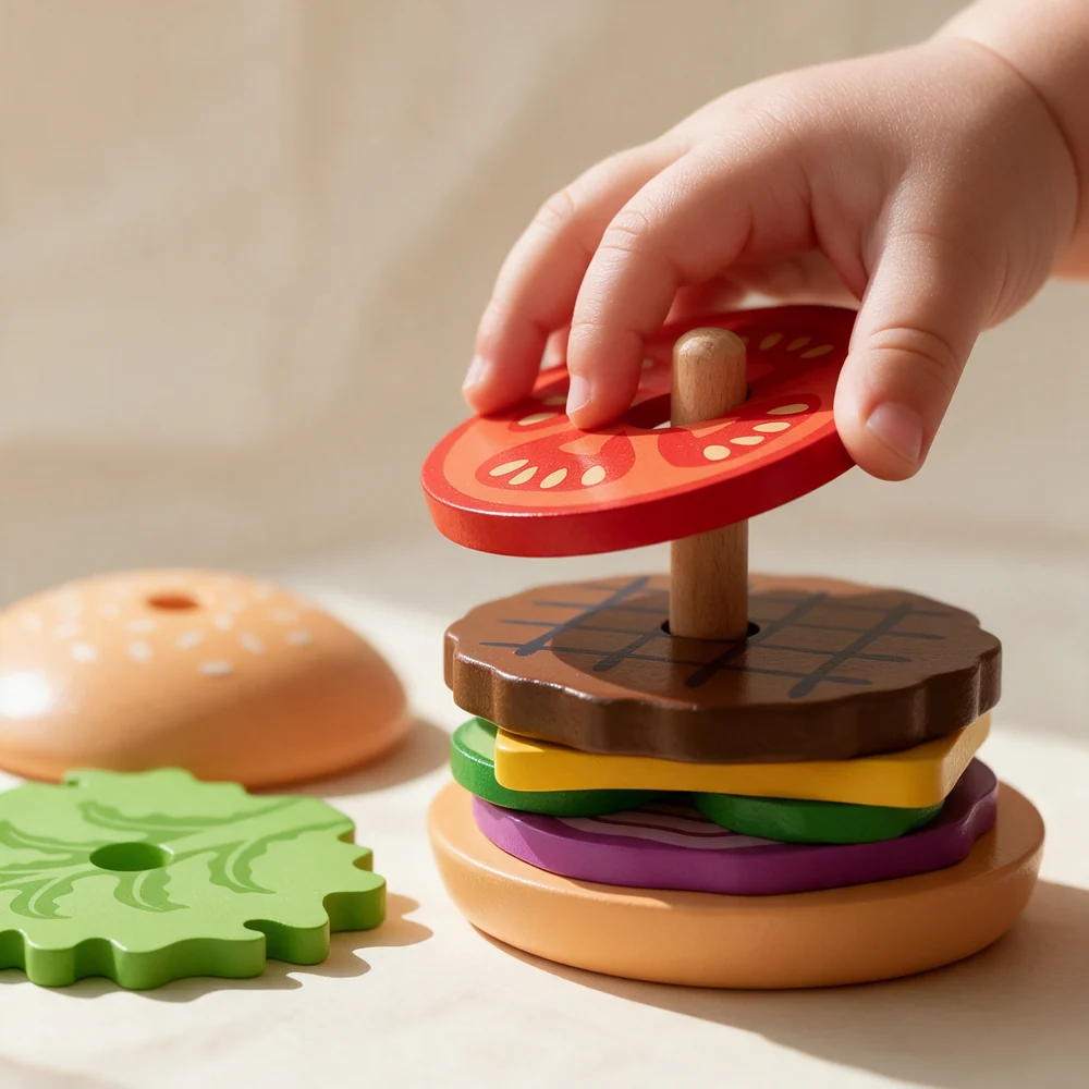 Kids Wooden Burger Stacking Toy – Montessori-Inspired Pretend Play Food and Sequencing Game