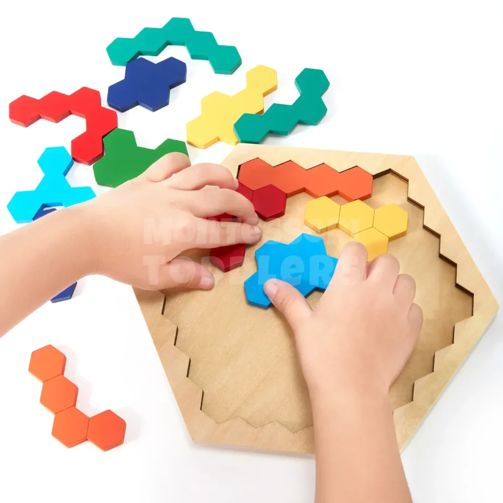 Kids Wooden Hexagon Puzzle – Montessori-Inspired Geometric Shape Matching Game