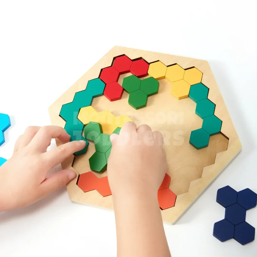 Kids Wooden Hexagon Puzzle – Montessori-Inspired Geometric Shape Matching Game