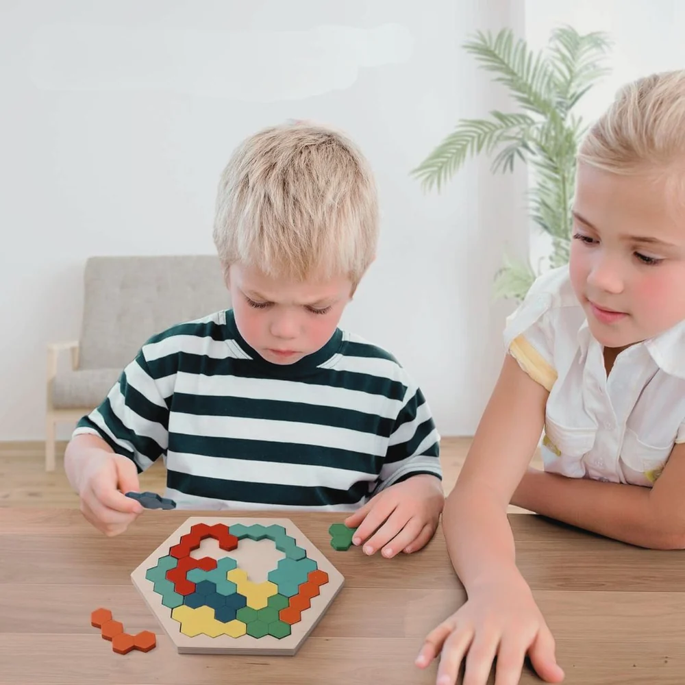 Kids Wooden Hexagon Puzzle – Montessori-Inspired Geometric Shape Matching Game