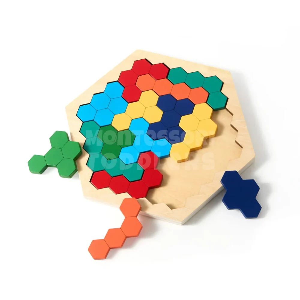 Kids Wooden Hexagon Puzzle – Montessori-Inspired Geometric Shape Matching Game