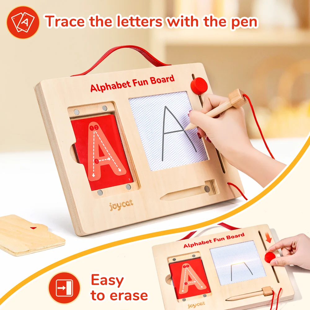 Kids Wooden Letter and Number Tracing Board – Alphabet and Number Writing Practice Set with 36 Cards