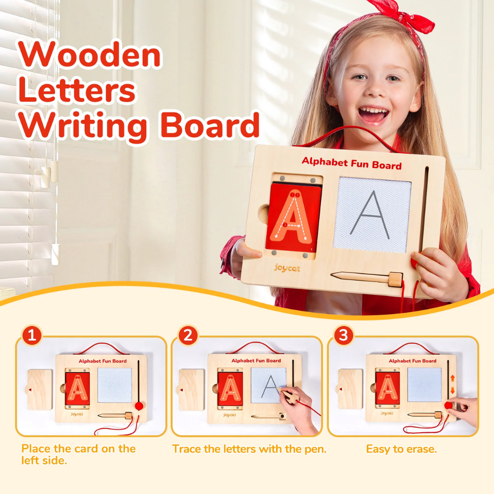 Kids Wooden Letter and Number Tracing Board – Alphabet and Number Writing Practice Set with 36 Cards