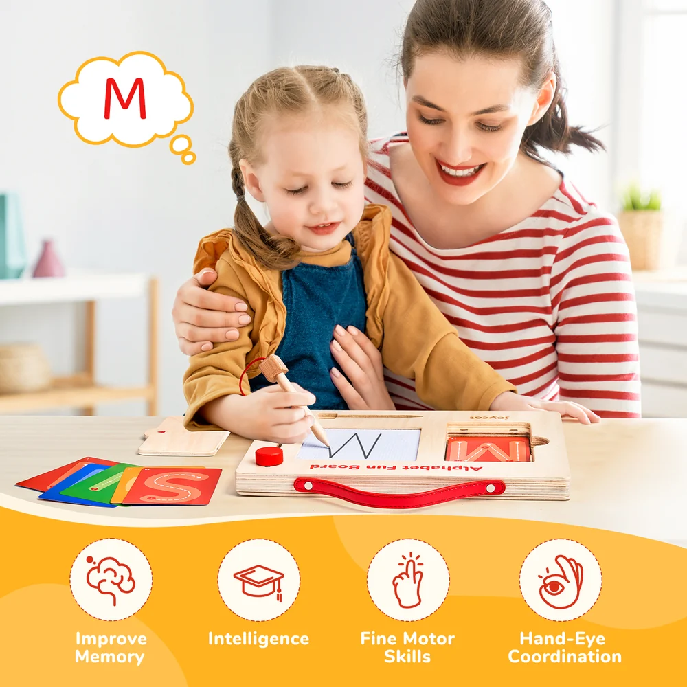 Kids Wooden Letter and Number Tracing Board – Alphabet and Number Writing Practice Set with 36 Cards