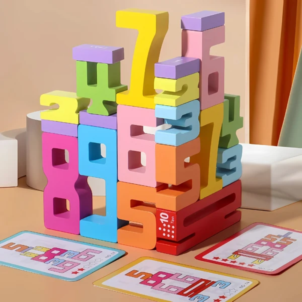 Kids Wooden Number Stacking Blocks – Educational Counting and Math Puzzle Toy with Challenge Cards