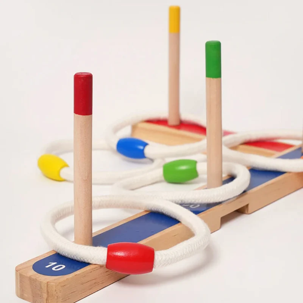Kids Wooden Ring Toss Game – Educational 5-Ring Throwing and Scoring Challenge for Family Play