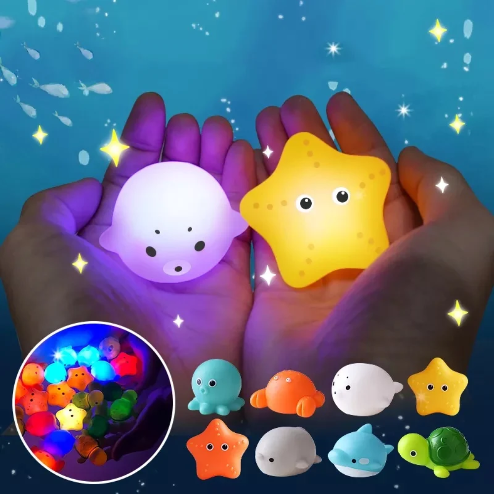 Light-Up Bath Toys – 4-Piece Floating Sea Animal Set with Fishing Net