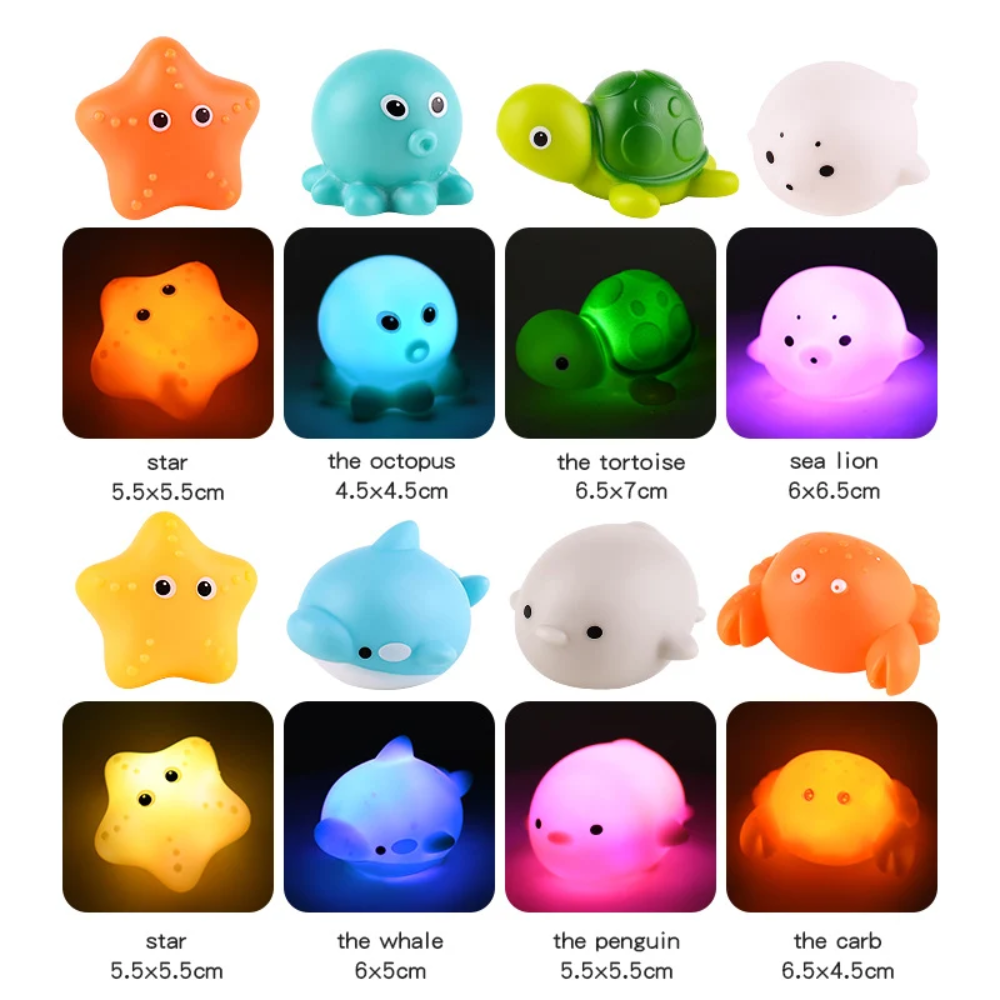 Light-Up Bath Toys – 4-Piece Floating Sea Animal Set with Fishing Net