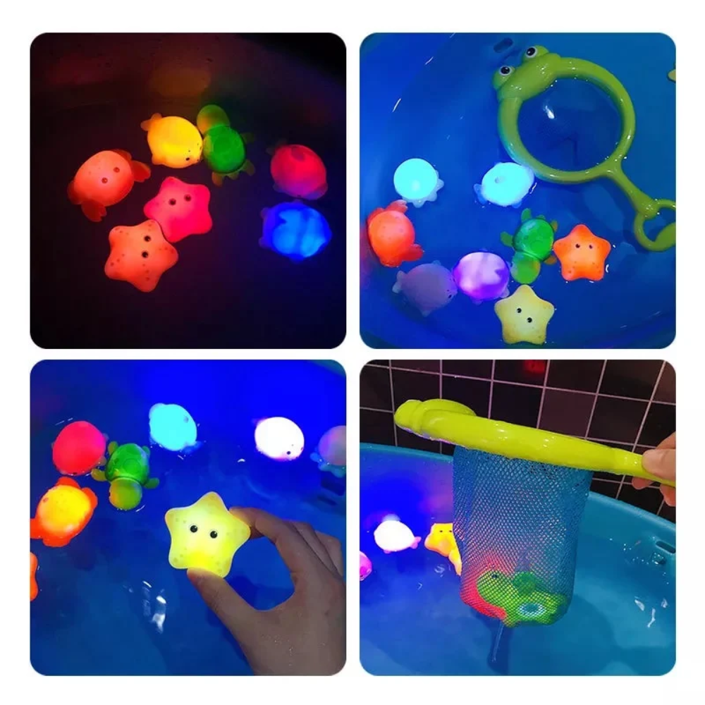 Light-Up Bath Toys – 4-Piece Floating Sea Animal Set with Fishing Net