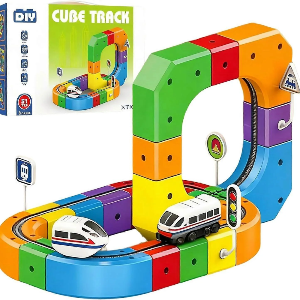 Magnetic Train Track Building Set – DIY Cube Railway Construction Toy for Kids