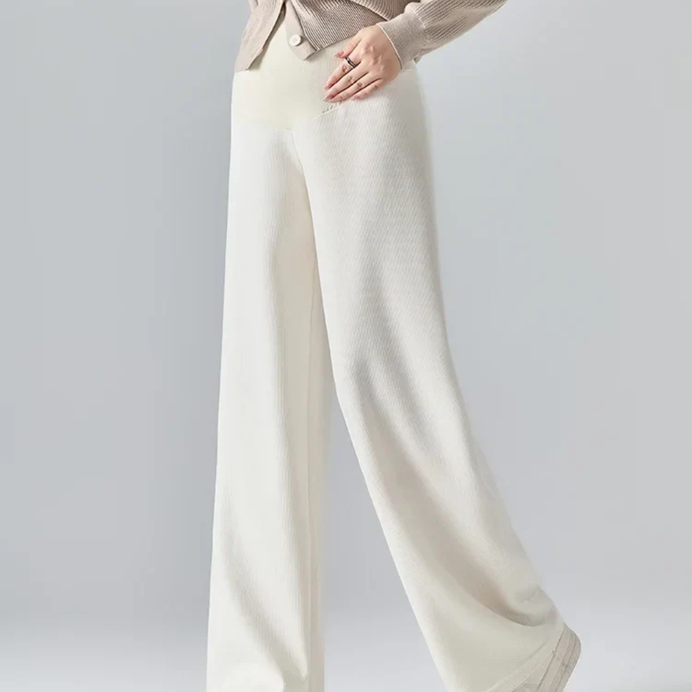 Maternity Wide Leg Pants – Ribbed Cotton Trousers with Stretch Waistband