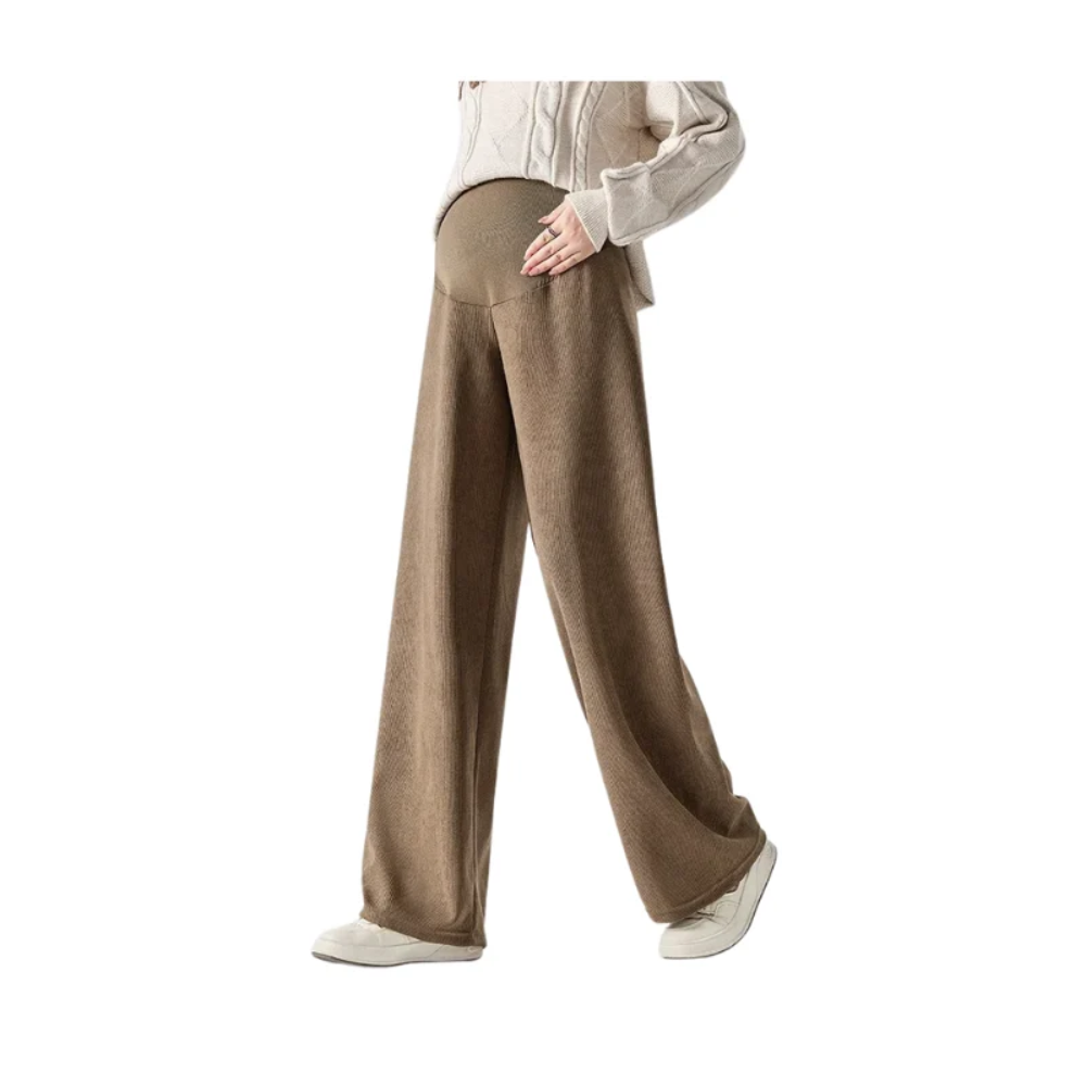 Maternity Wide Leg Pants – Ribbed Cotton Trousers with Stretch Waistband