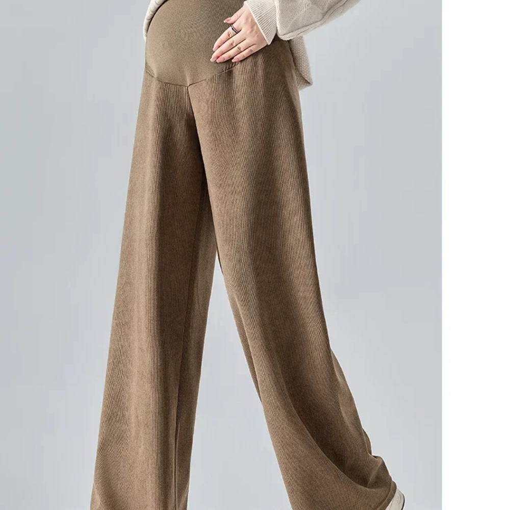 Maternity Wide Leg Pants – Ribbed Cotton Trousers with Stretch Waistband