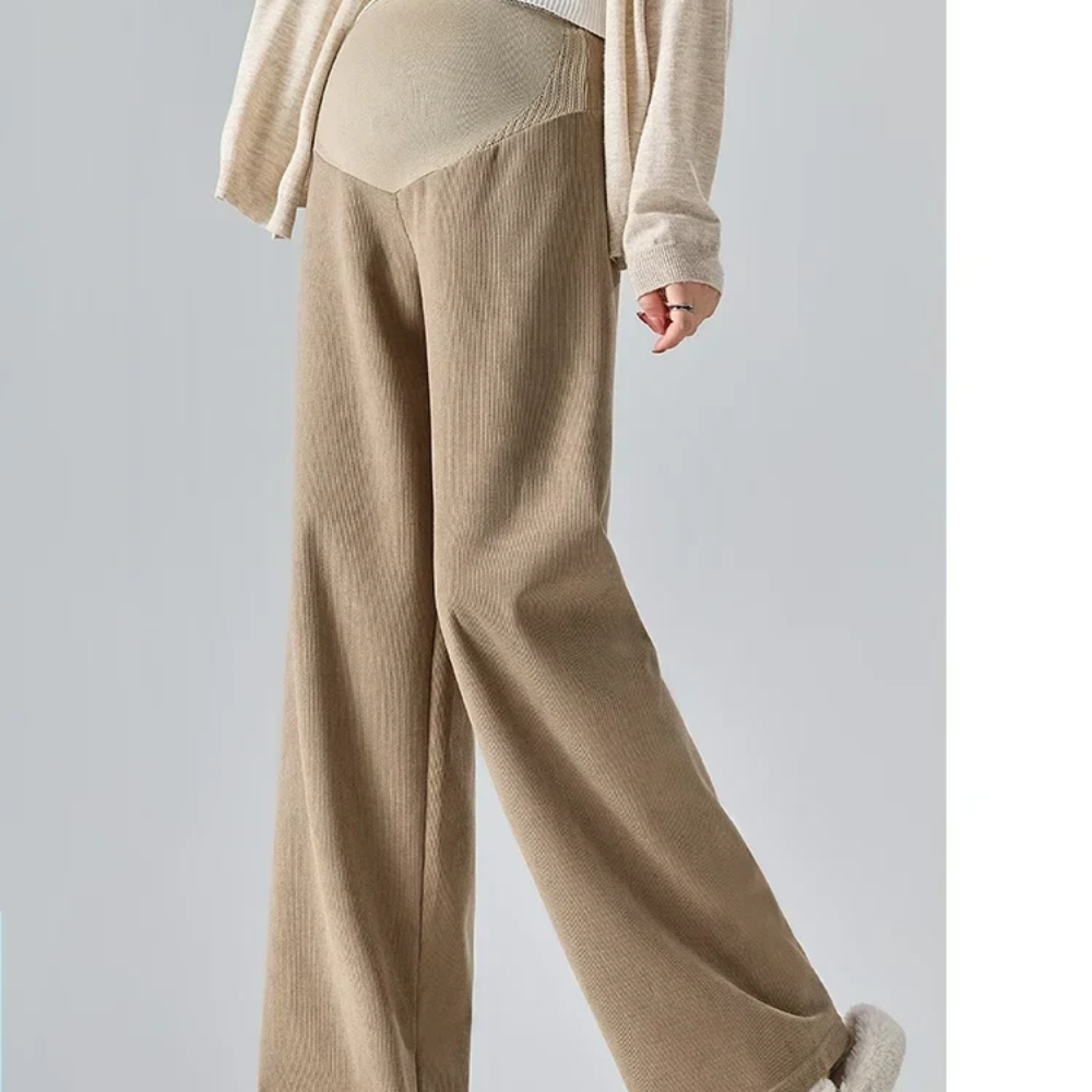 Maternity Wide Leg Pants – Ribbed Cotton Trousers with Stretch Waistband