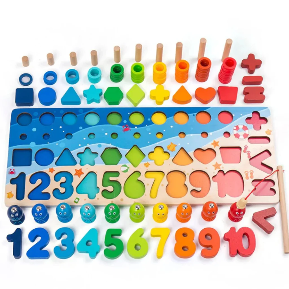 Montessori Wooden Learning Board – Educational Counting, Fishing & Shape Sorting Toy for Kids