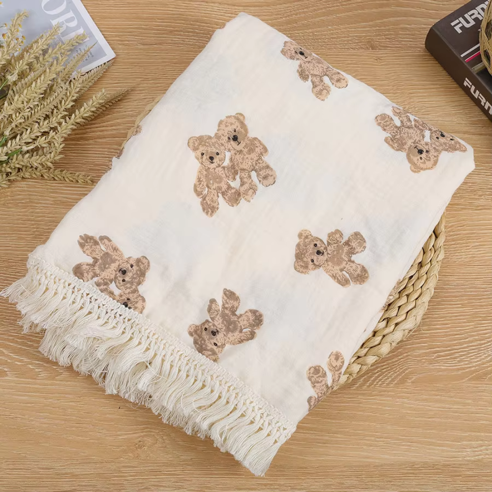 Muslin Baby Blanket Bear Print | Plaid Swaddle Blanket