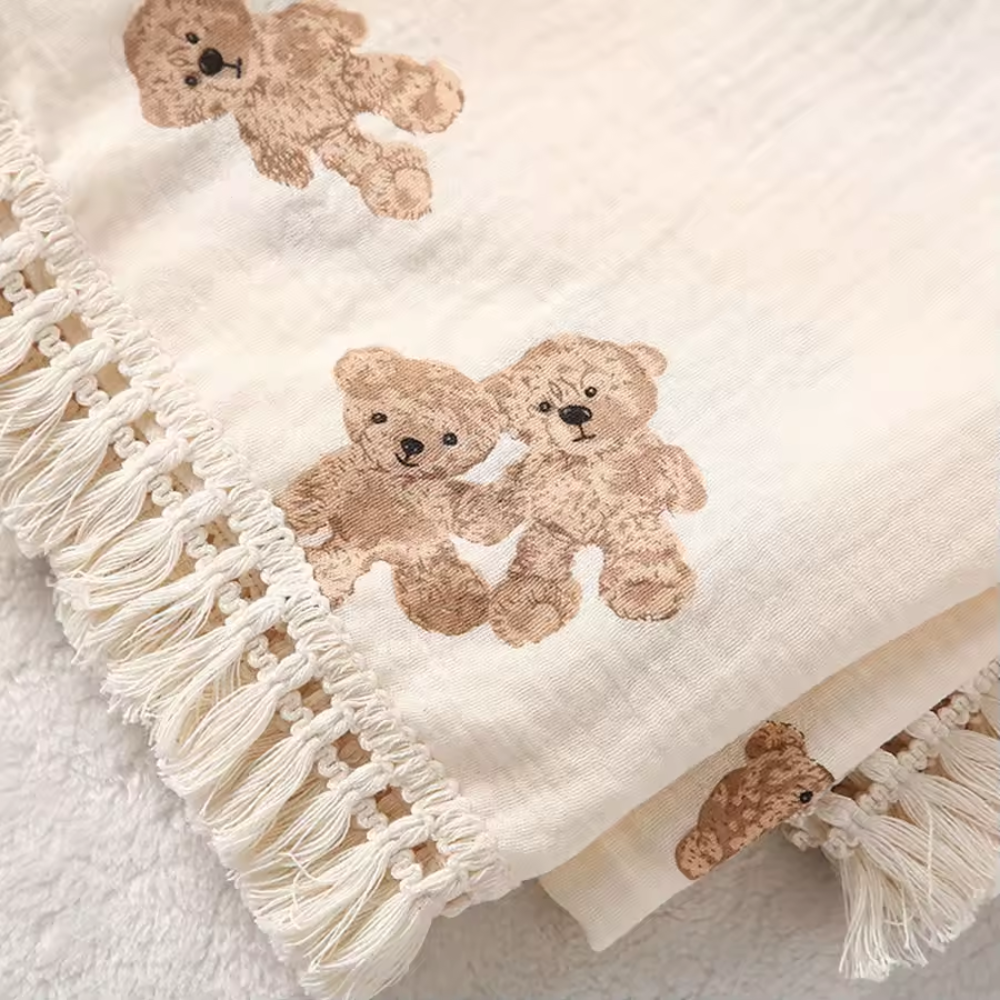 Muslin Baby Blanket Bear Print | Plaid Swaddle Blanket
