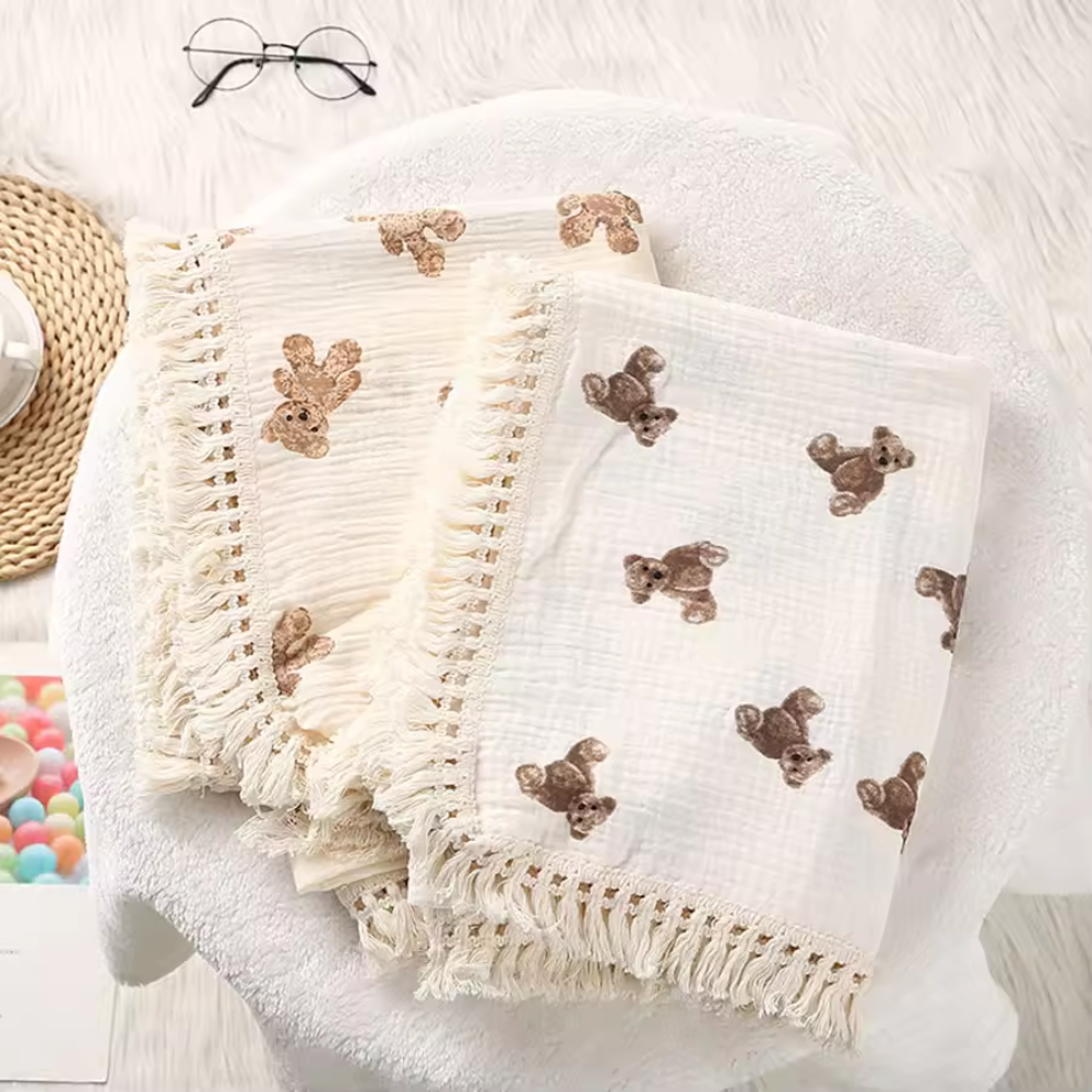 Muslin Baby Blanket Bear Print | Plaid Swaddle Blanket