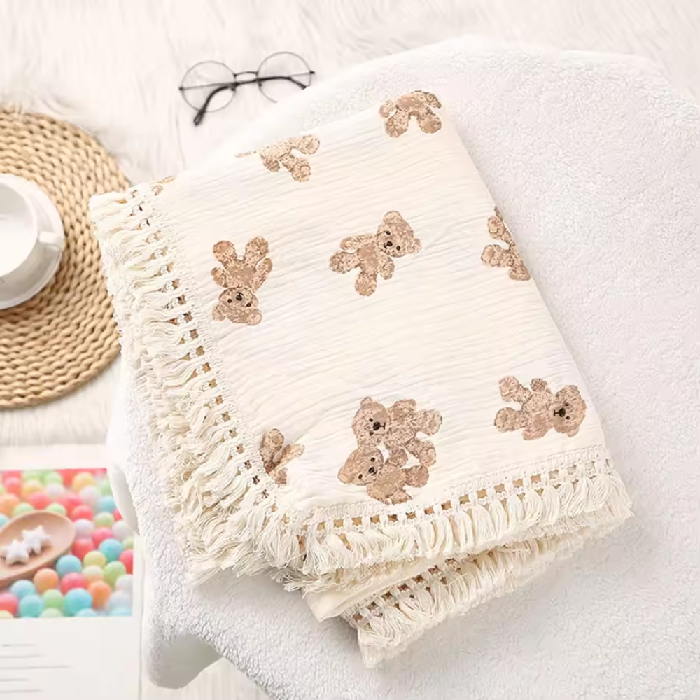 Muslin Baby Blanket Bear Print | Plaid Swaddle Blanket