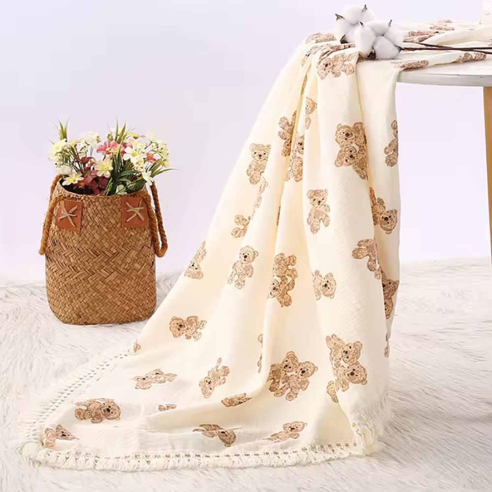 Muslin Baby Blanket Bear Print | Plaid Swaddle Blanket