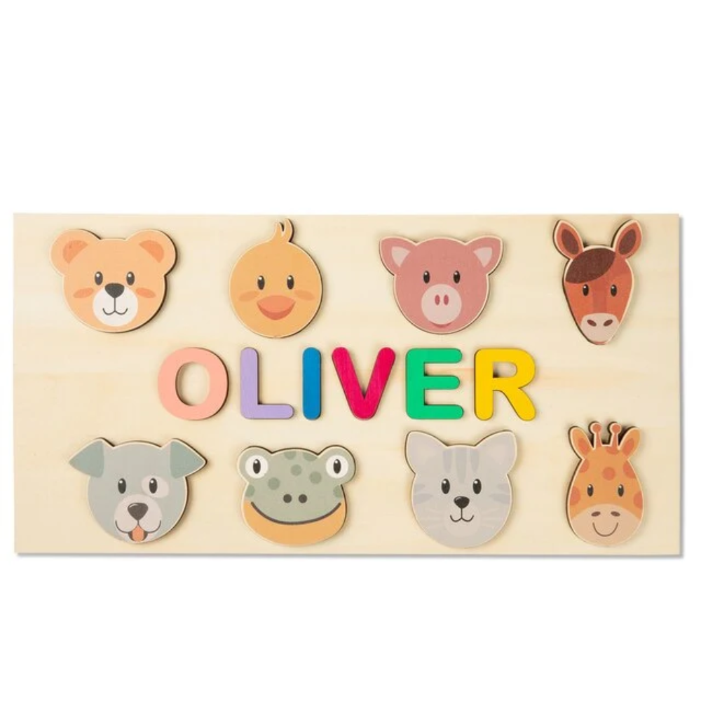 Personalized Wooden Name Puzzle for Kids – Custom Alphabet Puzzle Board with 8 Animal Pieces