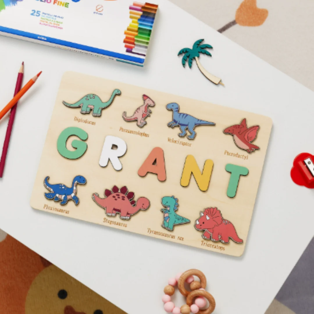 Personalized Wooden Name Puzzle for Kids – Custom Alphabet Puzzle Board with 8 Animal Pieces