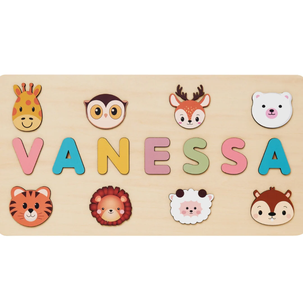 Personalized Wooden Name Puzzle for Kids – Custom Alphabet Puzzle Board with 8 Animal Pieces