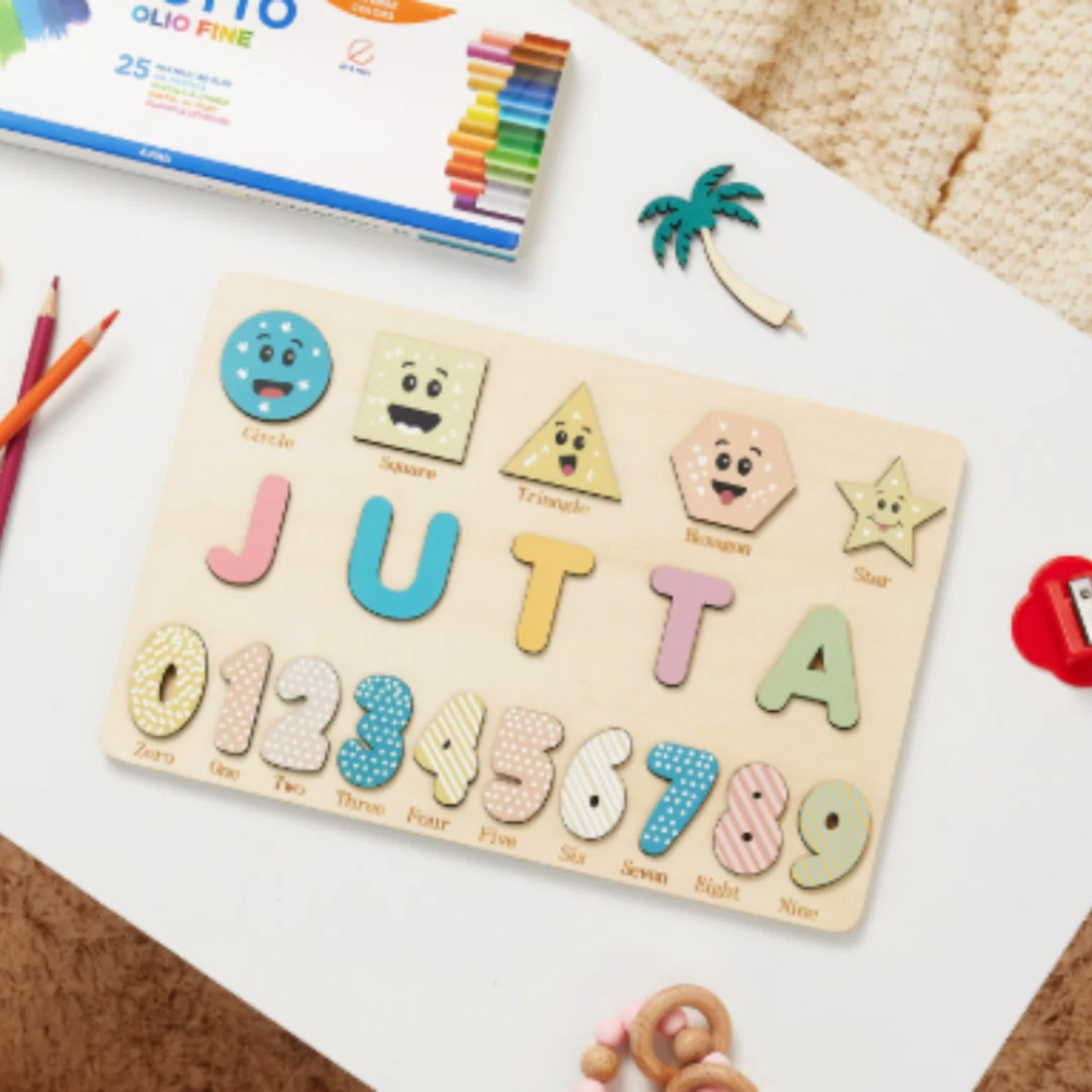 Personalized Wooden Name Puzzle for Kids – Custom Alphabet Puzzle Board with 8 Animal Pieces