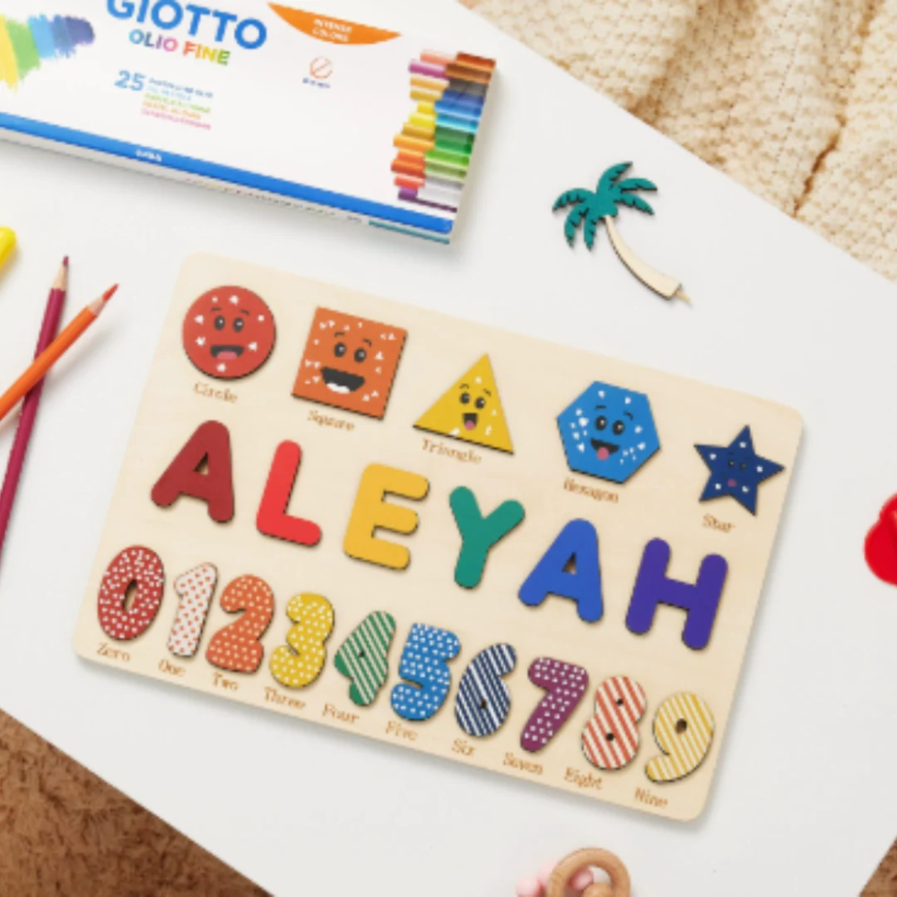 Personalized Wooden Name Puzzle for Kids – Custom Alphabet Puzzle Board with 8 Animal Pieces
