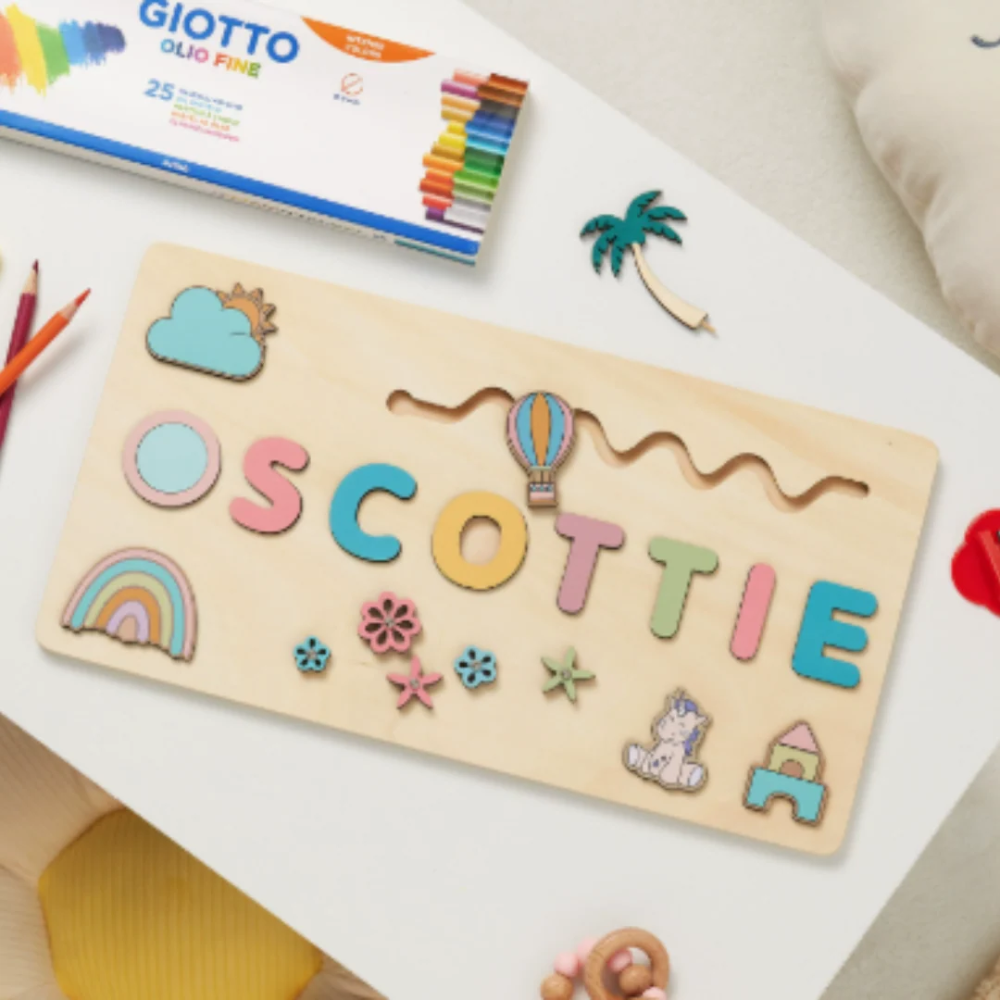 Personalized Wooden Name Puzzle for Kids – Custom Alphabet Puzzle Board with 8 Animal Pieces
