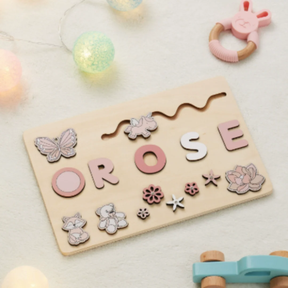 Personalized Wooden Name Puzzle for Kids – Custom Alphabet Puzzle Board with 8 Animal Pieces