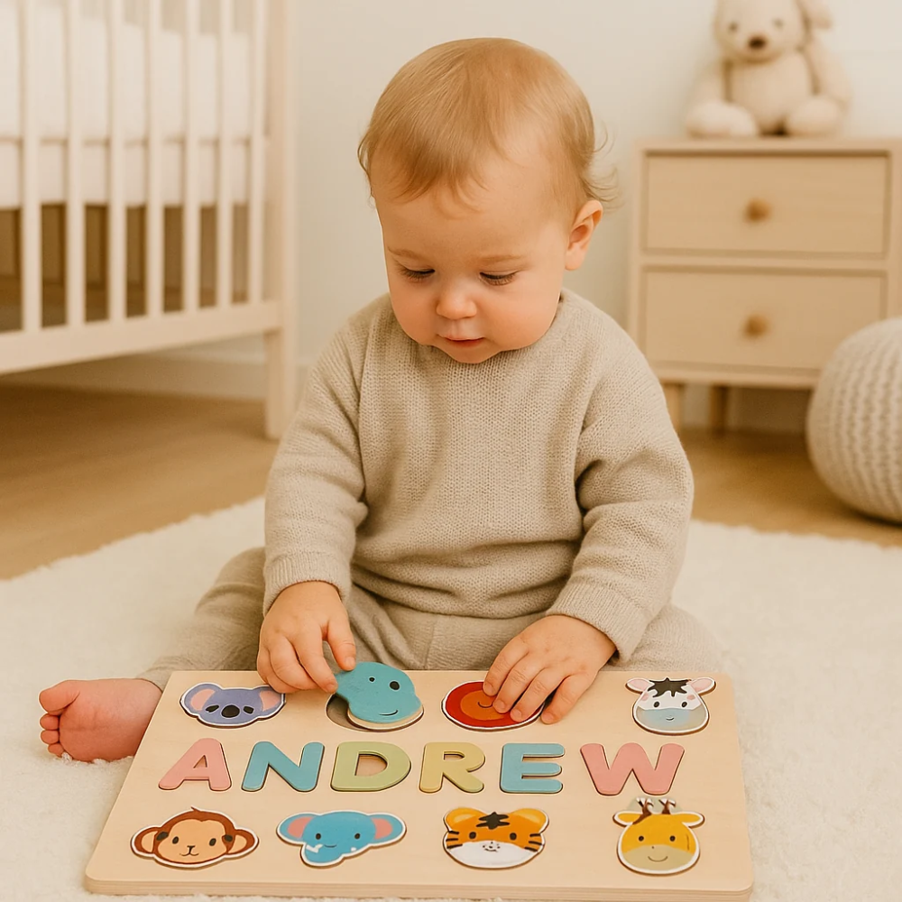 Personalized Wooden Name Puzzle for Kids – Custom Alphabet Puzzle Board with 8 Animal Pieces