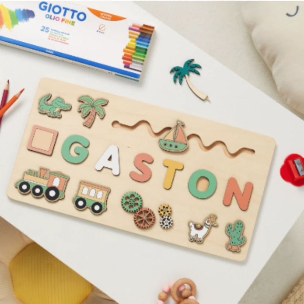 Personalized Wooden Name Puzzle for Kids – Custom Alphabet Puzzle Board with 8 Animal Pieces