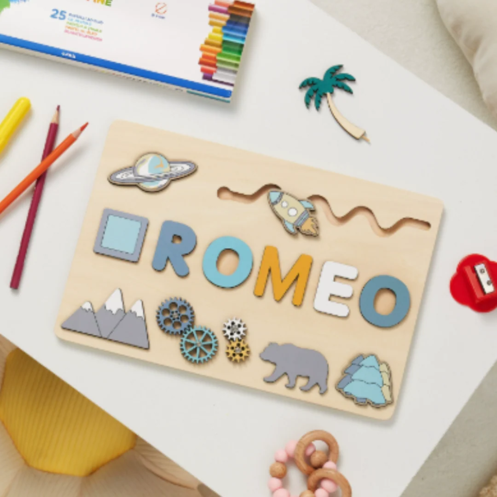 Personalized Wooden Name Puzzle for Kids – Custom Alphabet Puzzle Board with 8 Animal Pieces