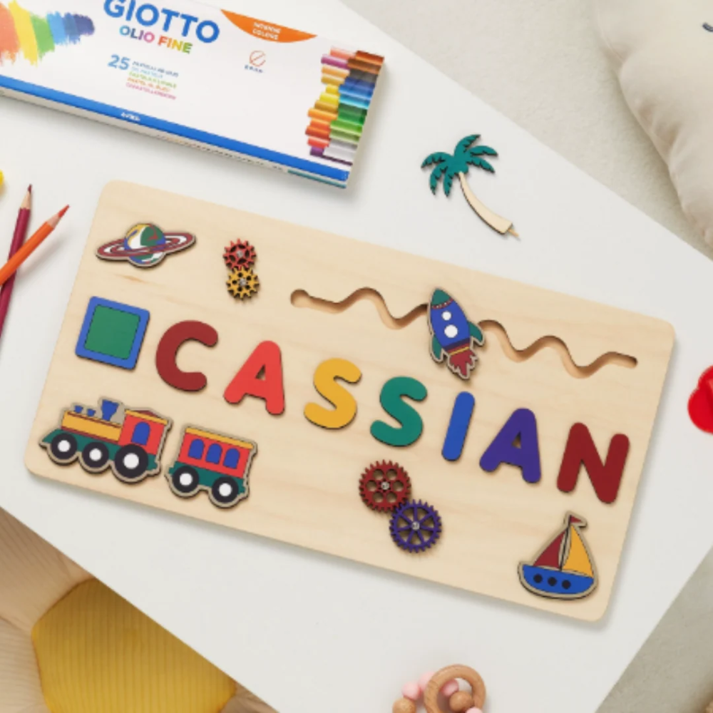 Personalized Wooden Name Puzzle for Kids – Custom Alphabet Puzzle Board with 8 Animal Pieces