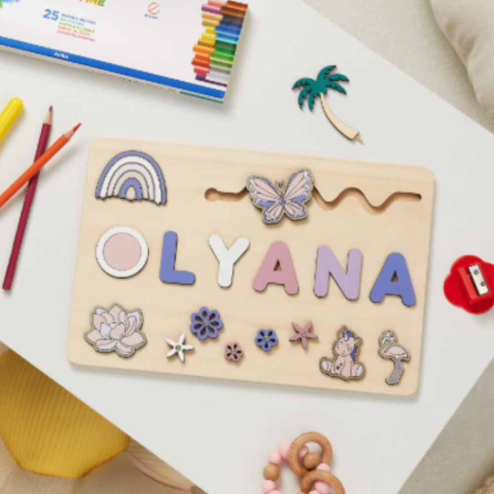 Personalized Wooden Name Puzzle for Kids – Custom Alphabet Puzzle Board with 8 Animal Pieces