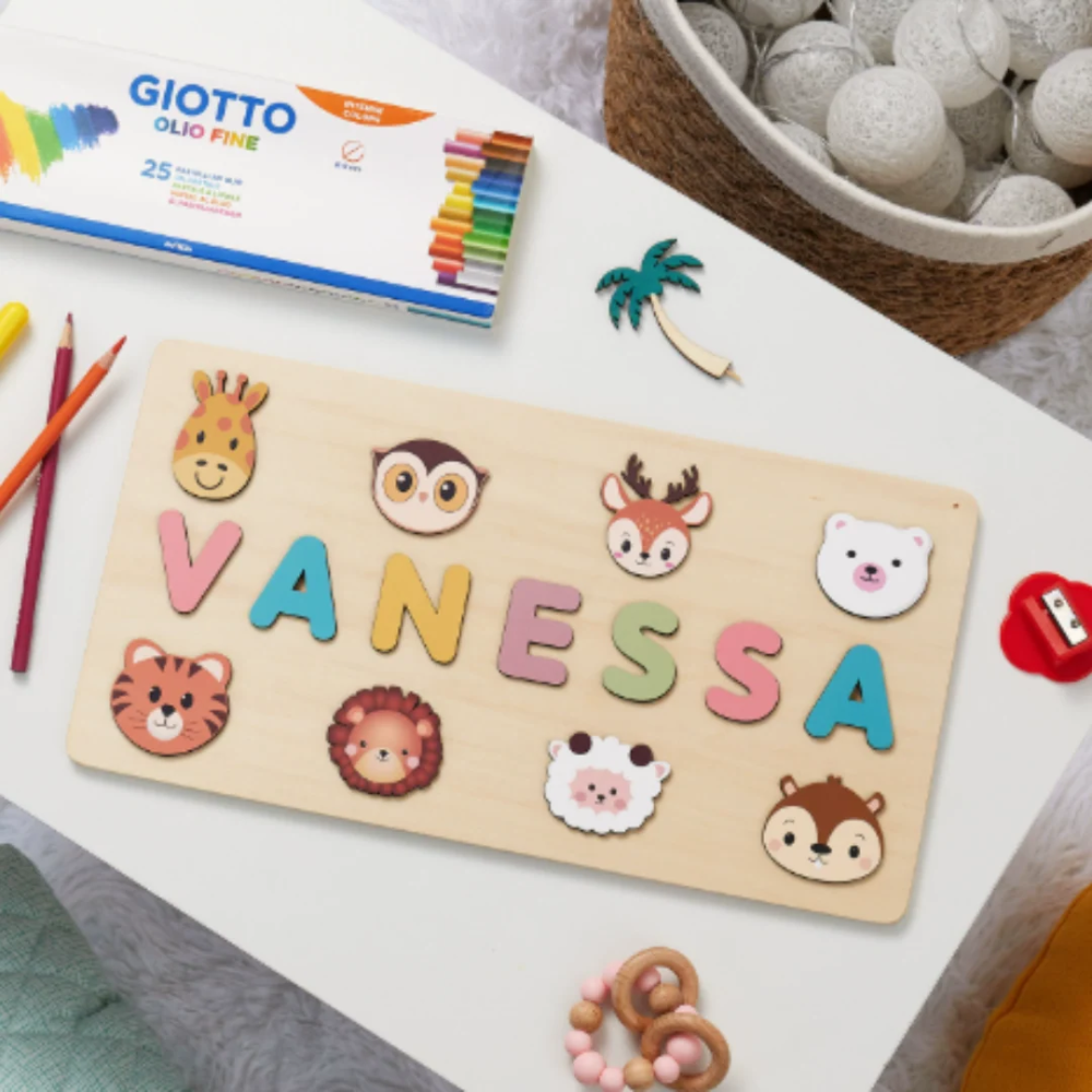Personalized Wooden Name Puzzle for Kids – Custom Alphabet Puzzle Board with 8 Animal Pieces
