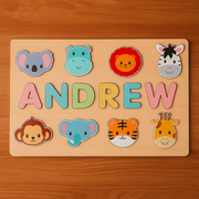 Personalized Wooden Name Puzzle for Kids – Custom Alphabet Puzzle Board with 8 Animal Pieces