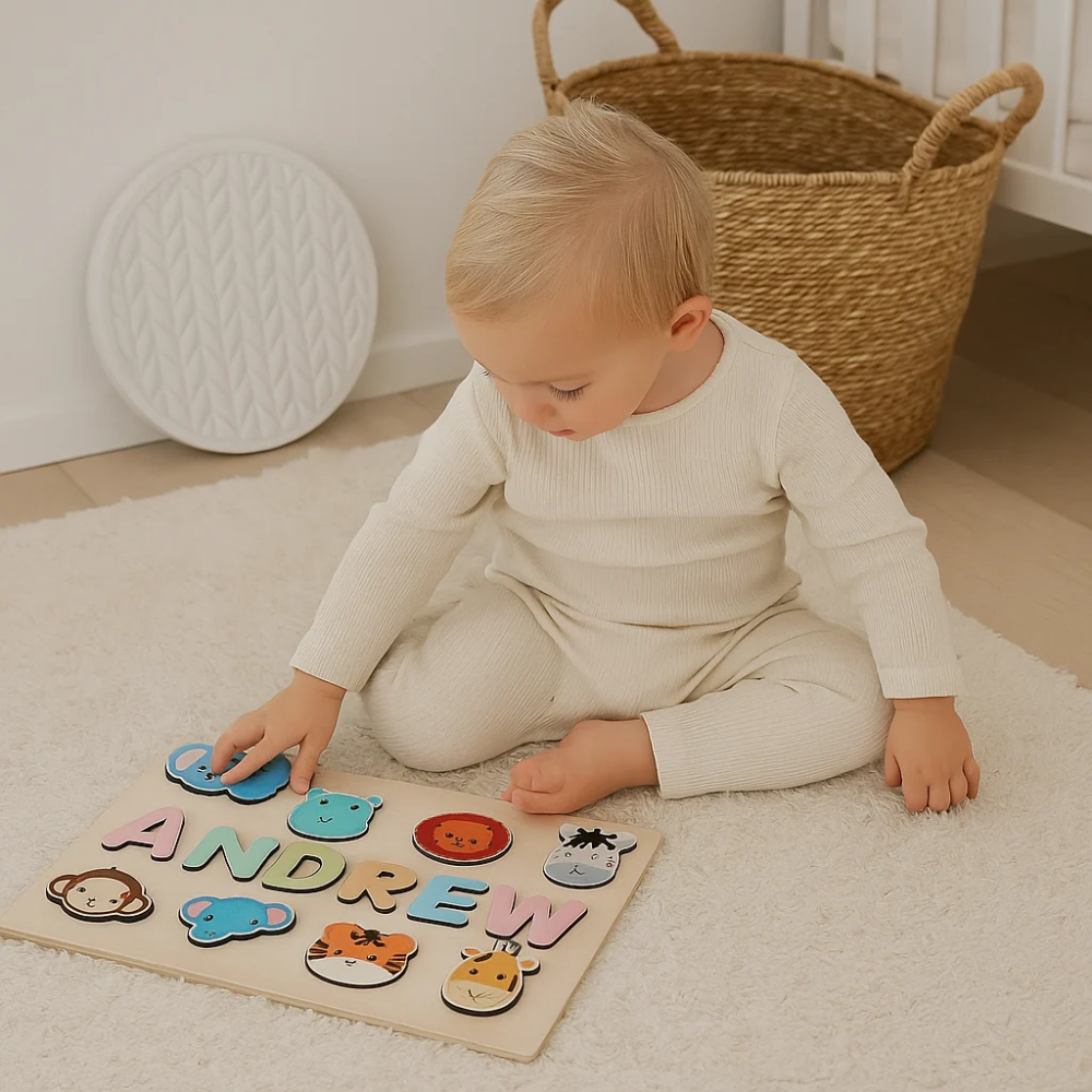 Personalized Wooden Name Puzzle for Kids – Custom Alphabet Puzzle Board with 8 Animal Pieces