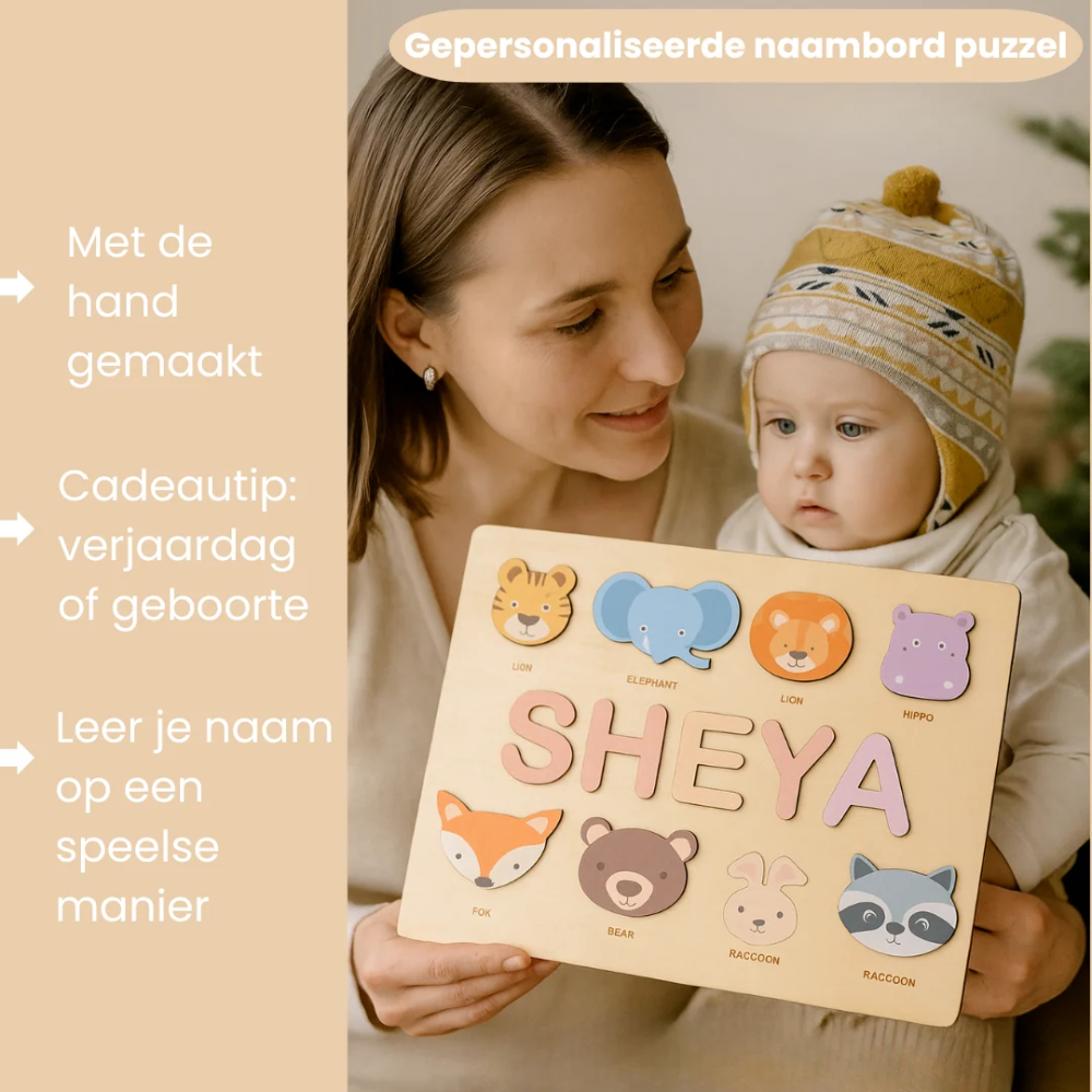Personalized Wooden Name Puzzle for Kids – Custom Alphabet Puzzle Board with 8 Animal Pieces
